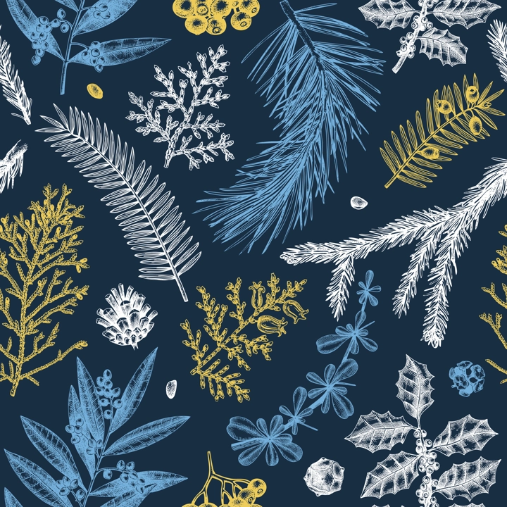 Merry Christmas seamless pattern. With vintage winter flowers, evergreen, conifers plants. Vector design with hand drawn botanical elements.  For wrapping paper, greeting cards, banners, packaging.